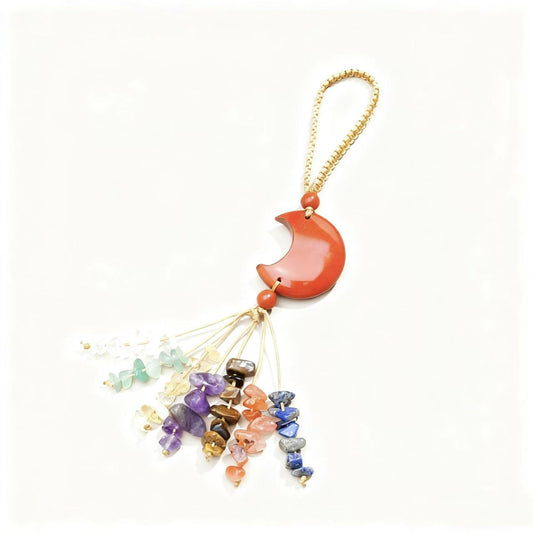 Crystal Moon Charm with Healing Gem Chips – Chakra Energy Hanging Decoration for Car, Bag, or Home
