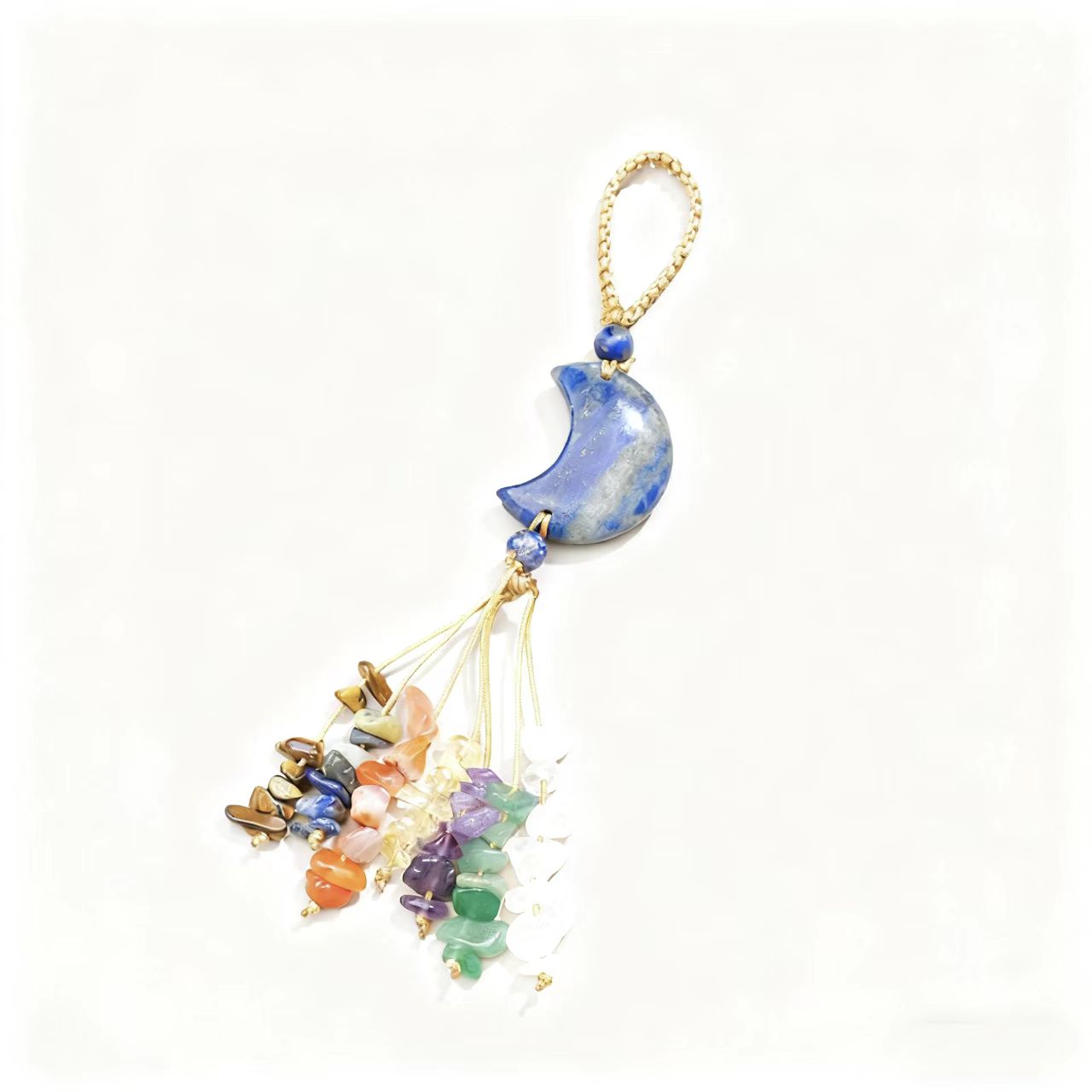 Crystal Moon Charm with Healing Gem Chips – Chakra Energy Hanging Decoration for Car, Bag, or Home