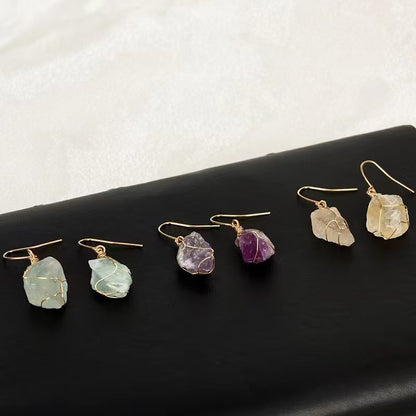 Raw Crystal Dangle Earrings – Natural Stone Healing Jewelry in Gold Wire Wrap