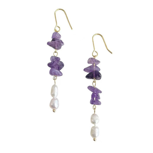 Amethyst & Pearl Healing Dangle Earrings – Handcrafted Crystal Energy Jewelry