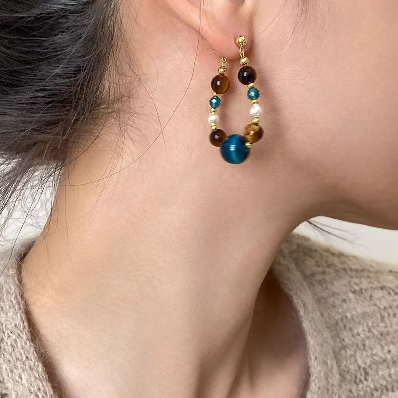 Tiger Eye & Blue Goldstone Hoop Earrings – Empowering Crystal Energy for Confidence & Intuition