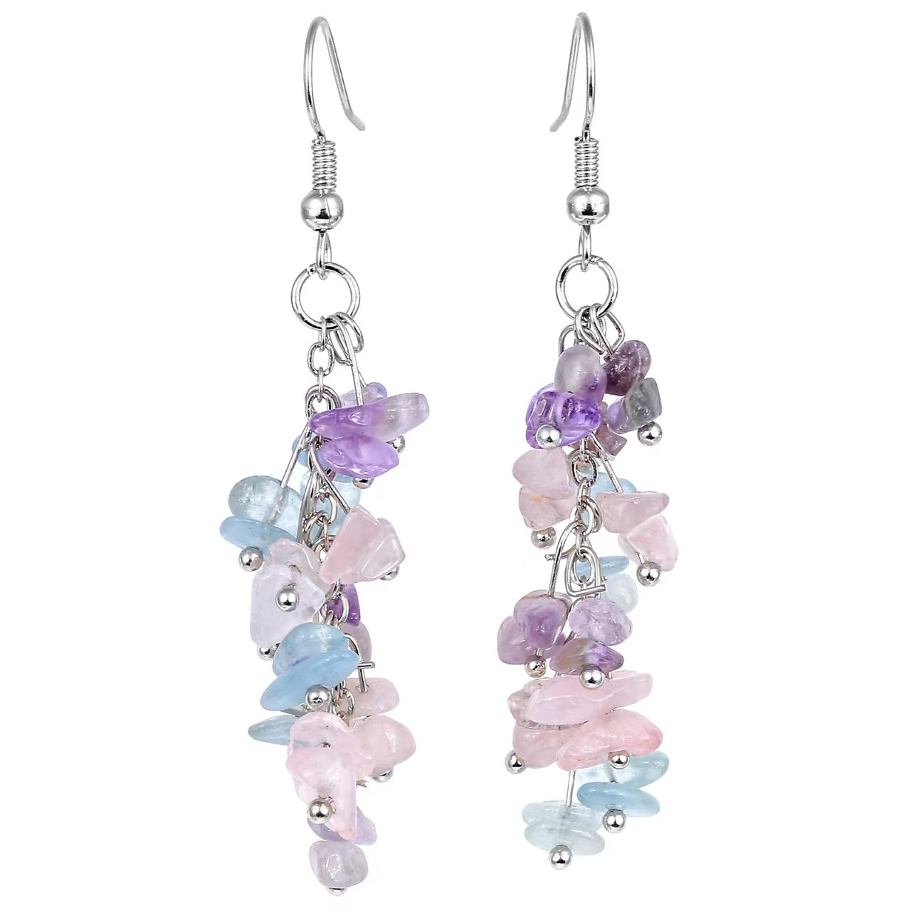 Rainbow Crystal Cluster Drop Earrings – 7 Chakra-Inspired Healing Dangles