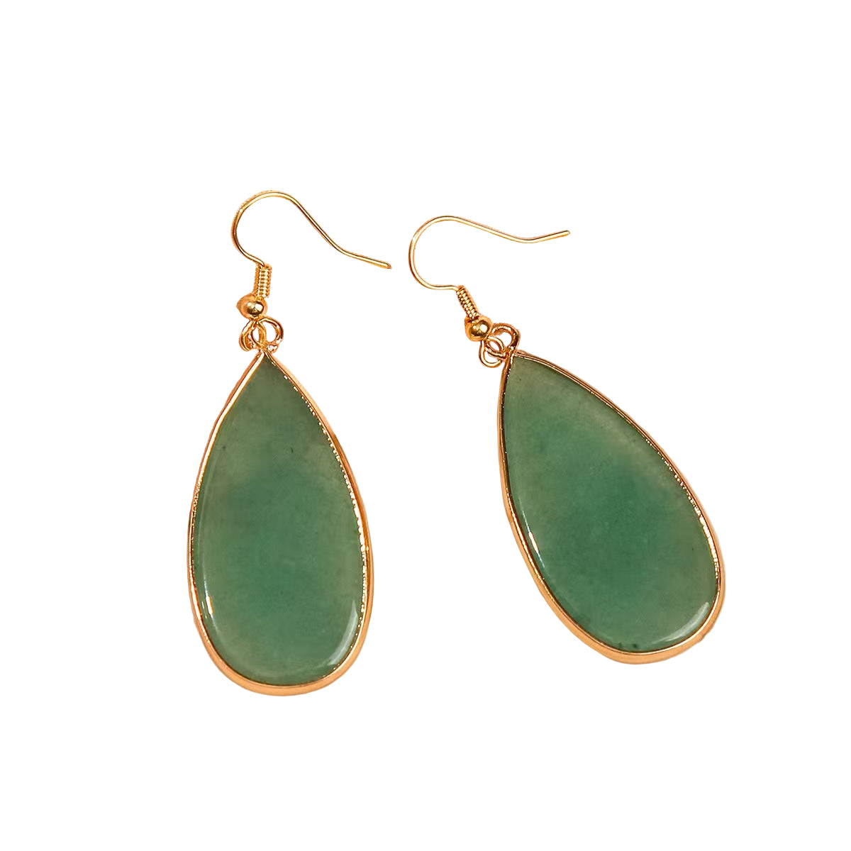 Teardrop-shaped green earrings with gold accents on a soft fabric background