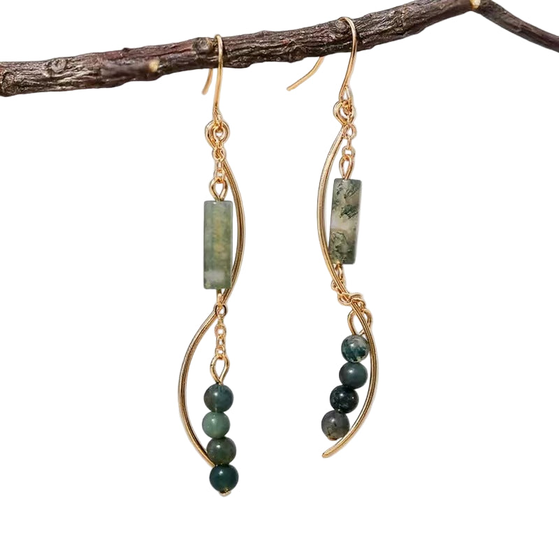 Moss Agate Flowing Earrings – Vintage Court Style for Earth Element Healing
