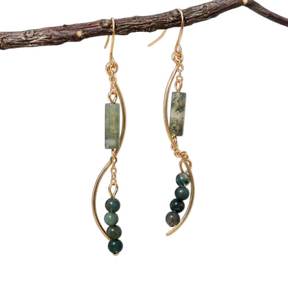 Moss Agate Flowing Earrings – Vintage Court Style for Earth Element Healing