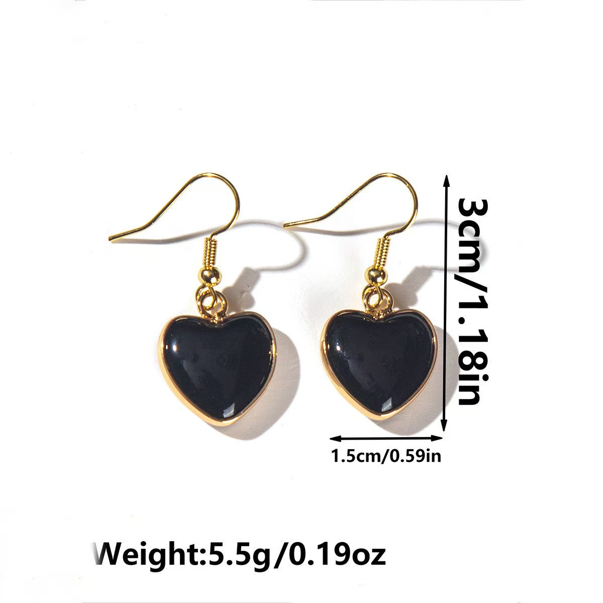 Heart-shaped earrings with gold frames and black stones, shown with measurements and weight on a white background.