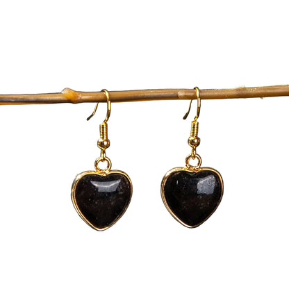 Heart-shaped black earrings with gold frames hanging on a branch against a dark background.