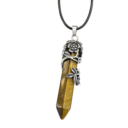 Necklace with a tiger's eye crystal pendant and silver starfish charm on a white background.