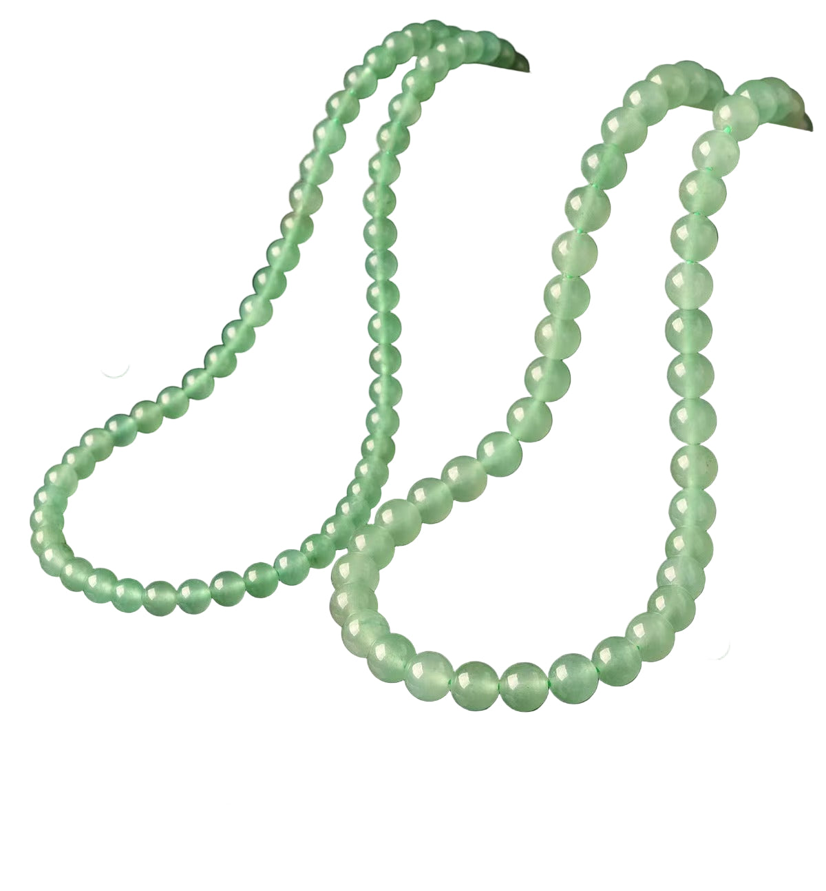 Green beaded necklace on a white background with text