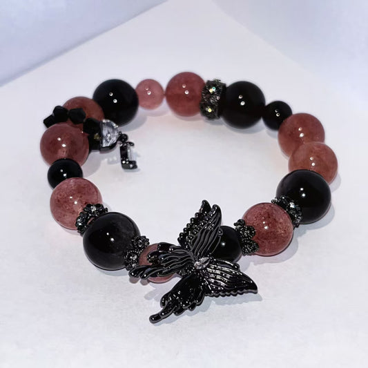 Black Butterfly Bracelet – Strawberry Quartz & Silver Obsidian Crystal Healing Jewelry
