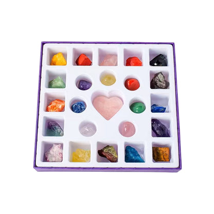 Crystal gems set with a hand holding a small crystal and a box labeled 'Crystal Gems'.