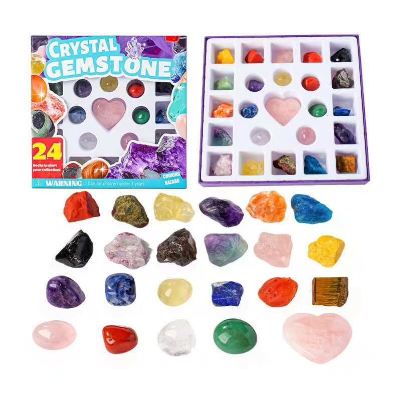 Crystal gemstone set with packaging on a white background