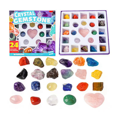 Crystal gemstone set with packaging on a white background