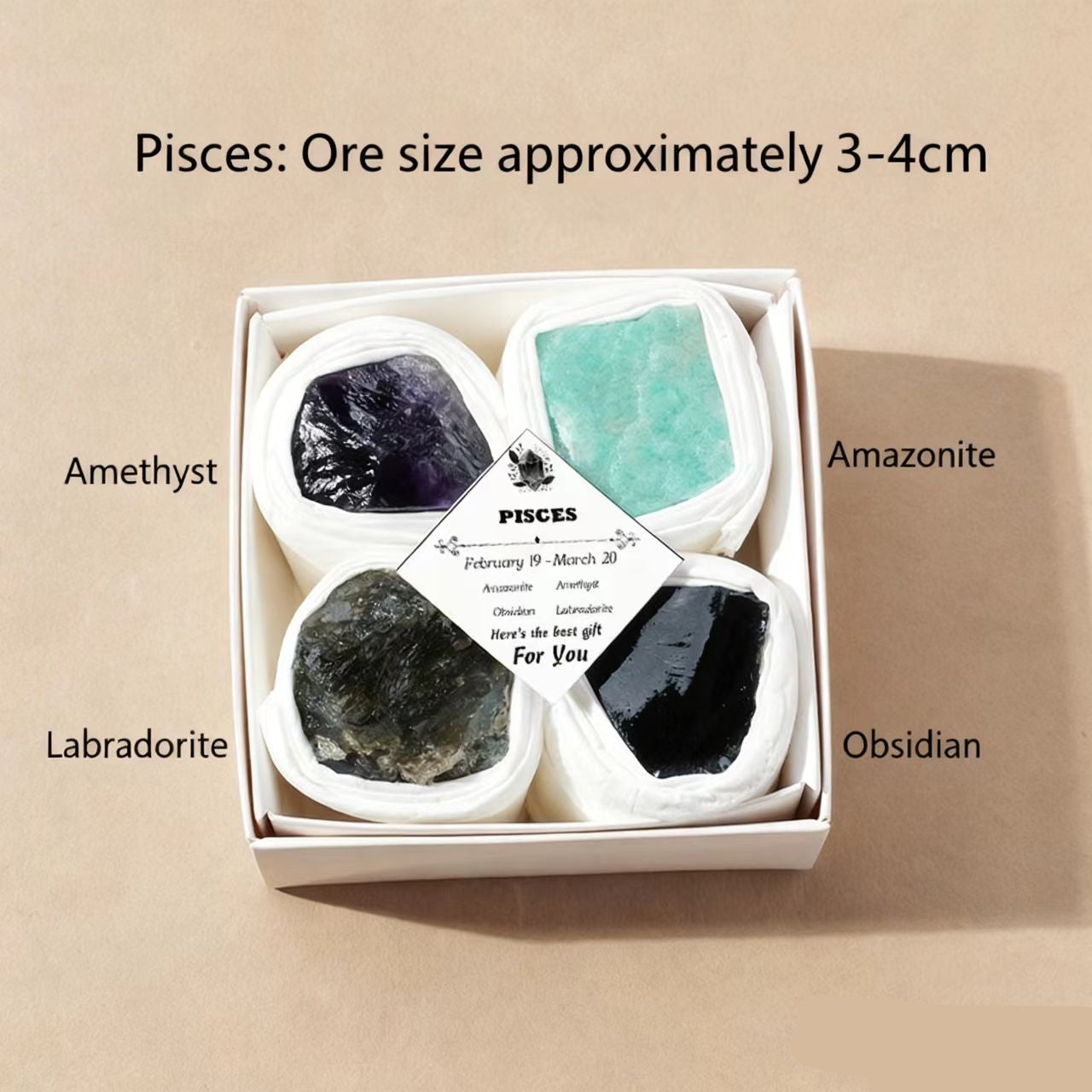 Box of crystals labeled with types including Amethyst, Amazonite, Labradorite, and Obsidian on a beige background.