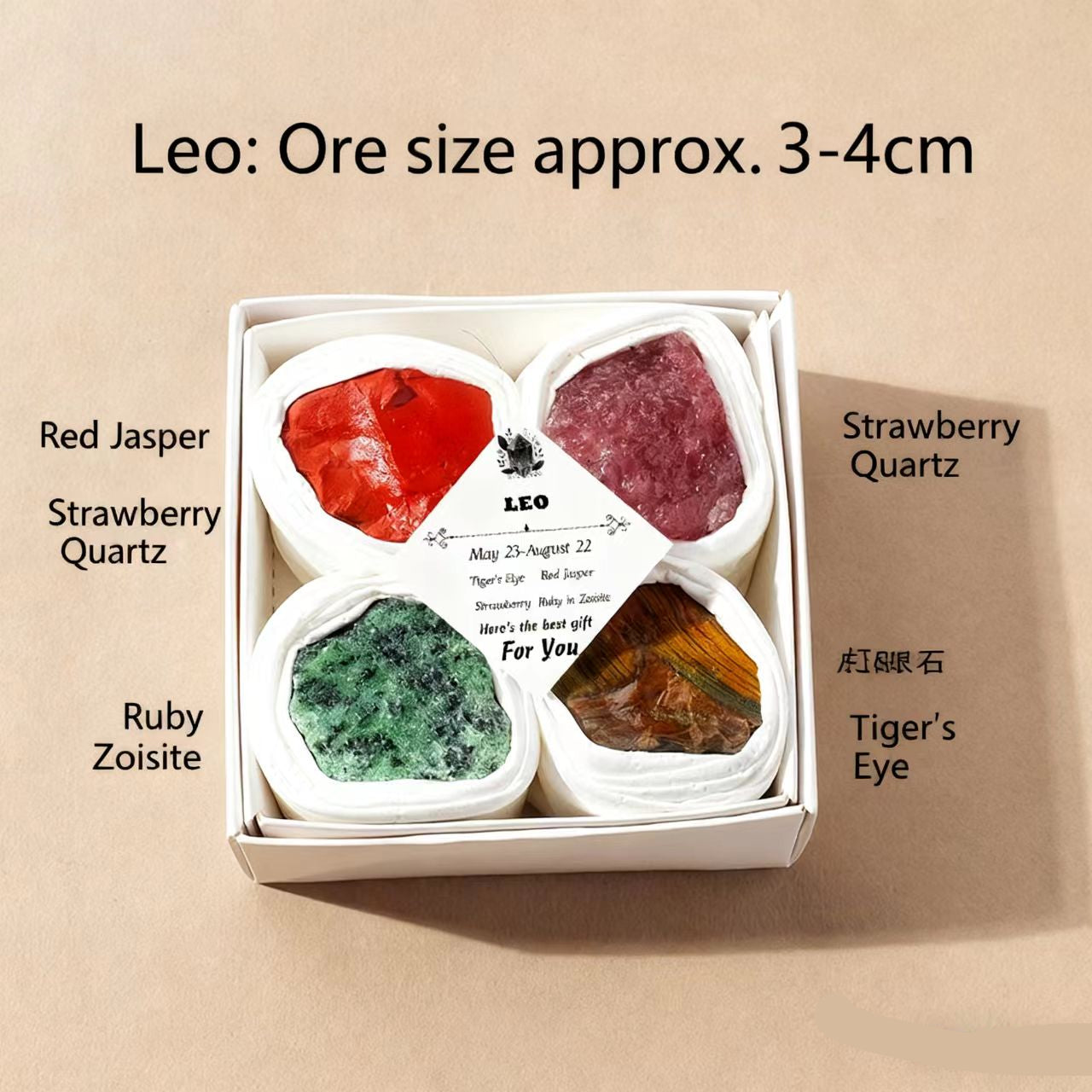 Box of gemstones labeled with names and sizes on a beige background