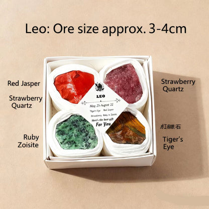 Box of gemstones labeled with names and sizes on a beige background