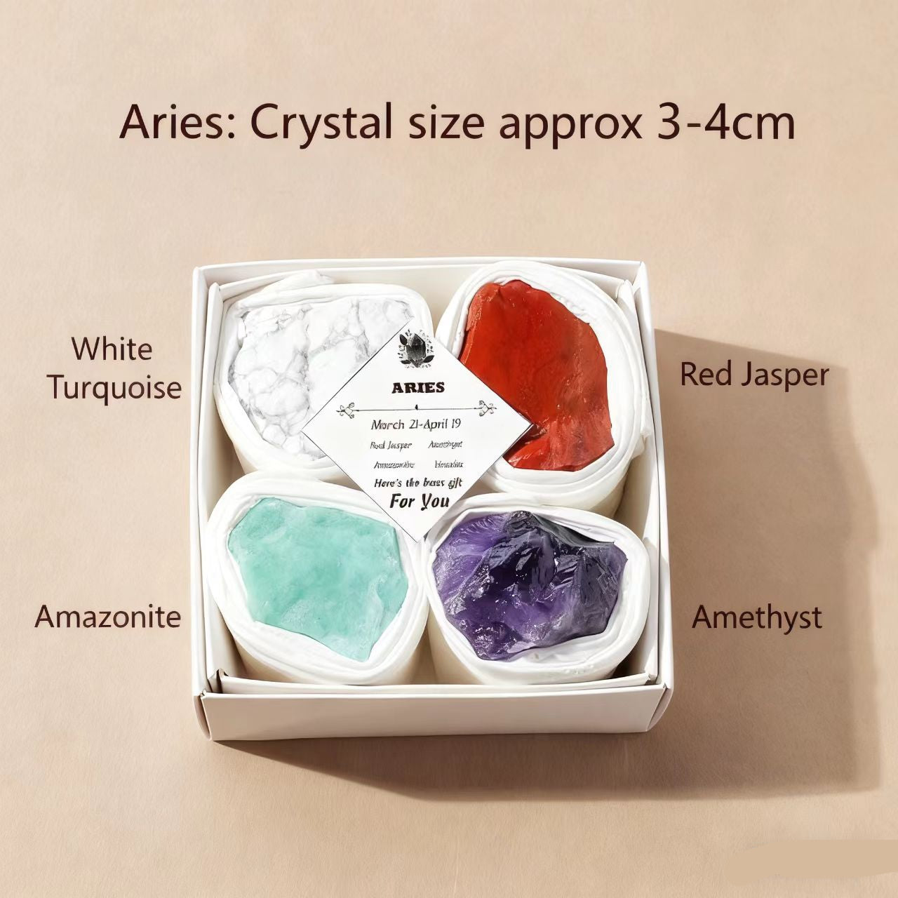 Box of crystals labeled with Aries zodiac sign and crystal types on a beige background