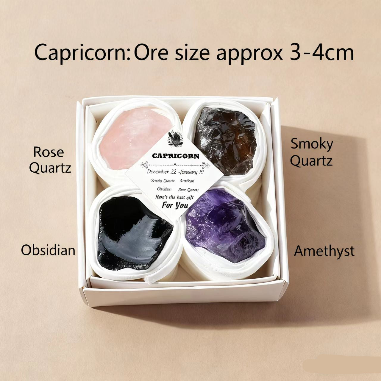Box of crystals labeled with types and sizes on a beige background