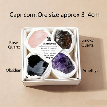 Box of crystals labeled with types and sizes on a beige background