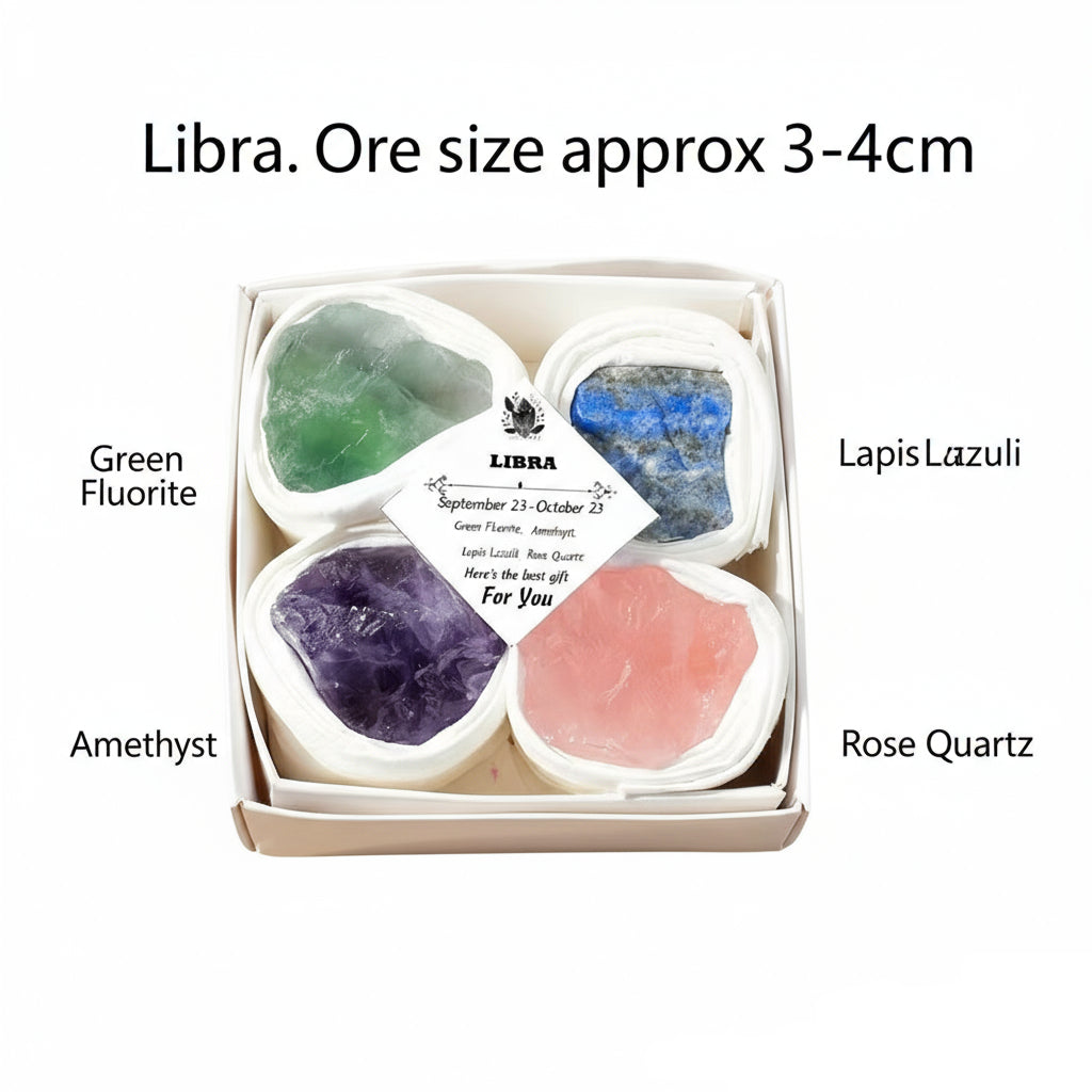 Box of colorful crystals with labels on a white background