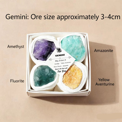 Box of gemstones labeled with types and sizes on a beige background