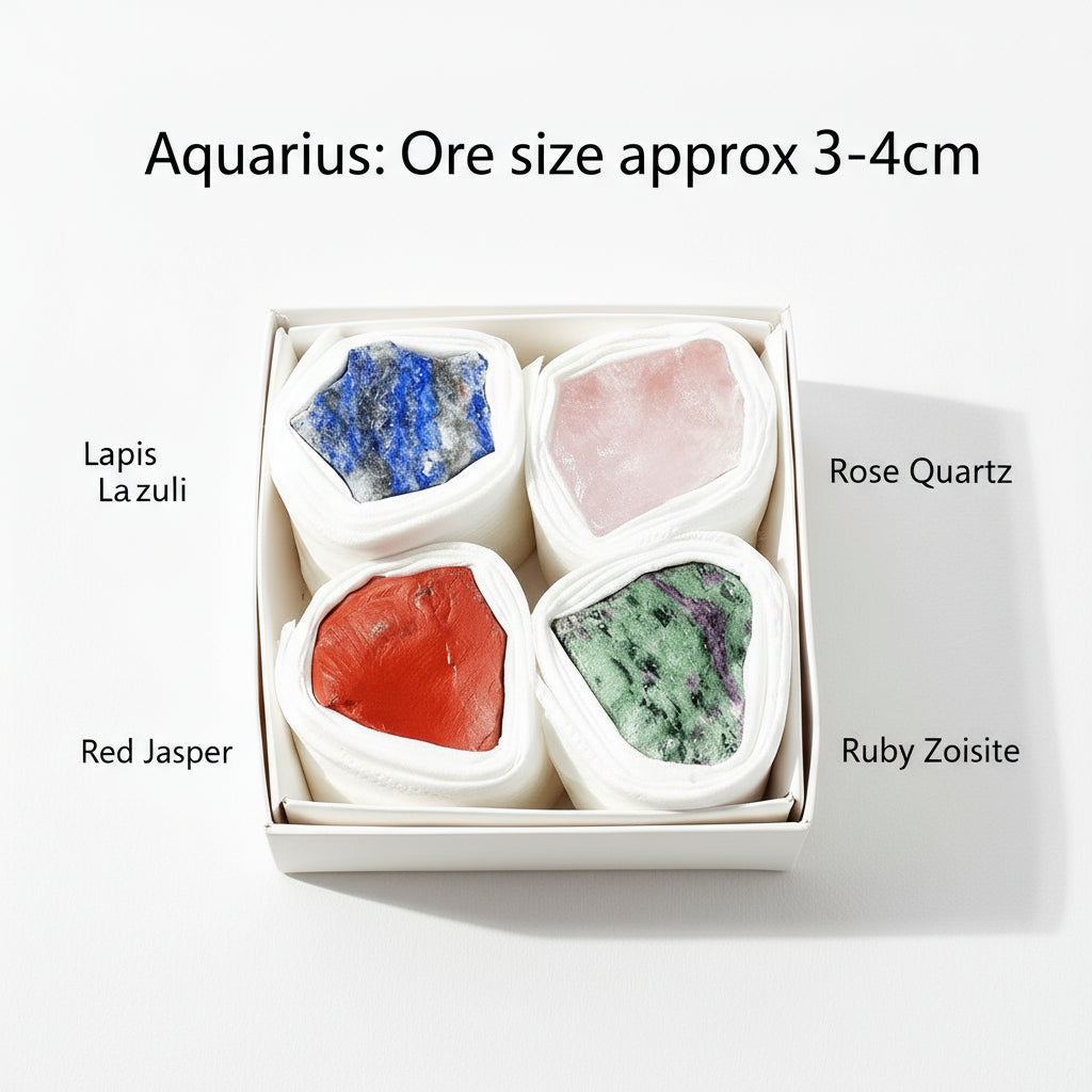 Box of crystals labeled Aquarius with four stones: Lapis Lazuli, Rose Quartz, Red Jasper, and Ruby Zoisite on a beige background.