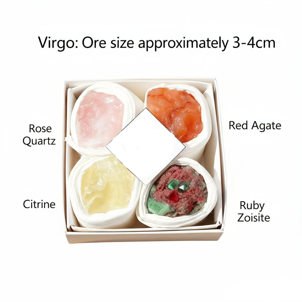 Box of colorful stones labeled with types and sizes on a beige background