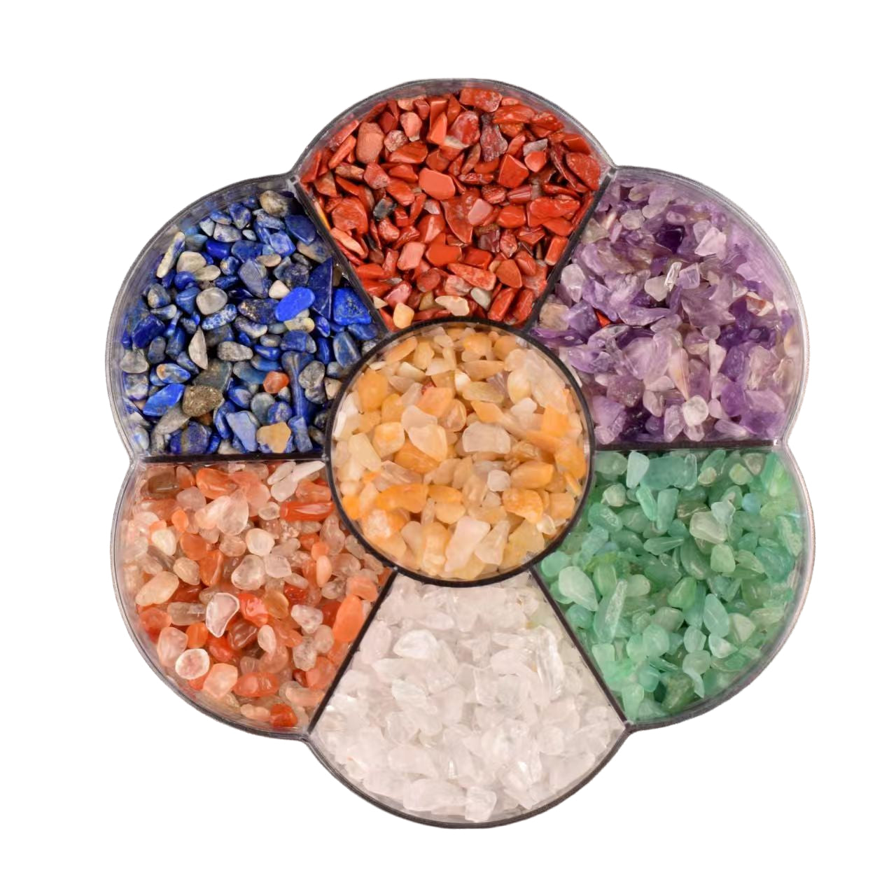 Colorful gemstones in a circular tray on a white background