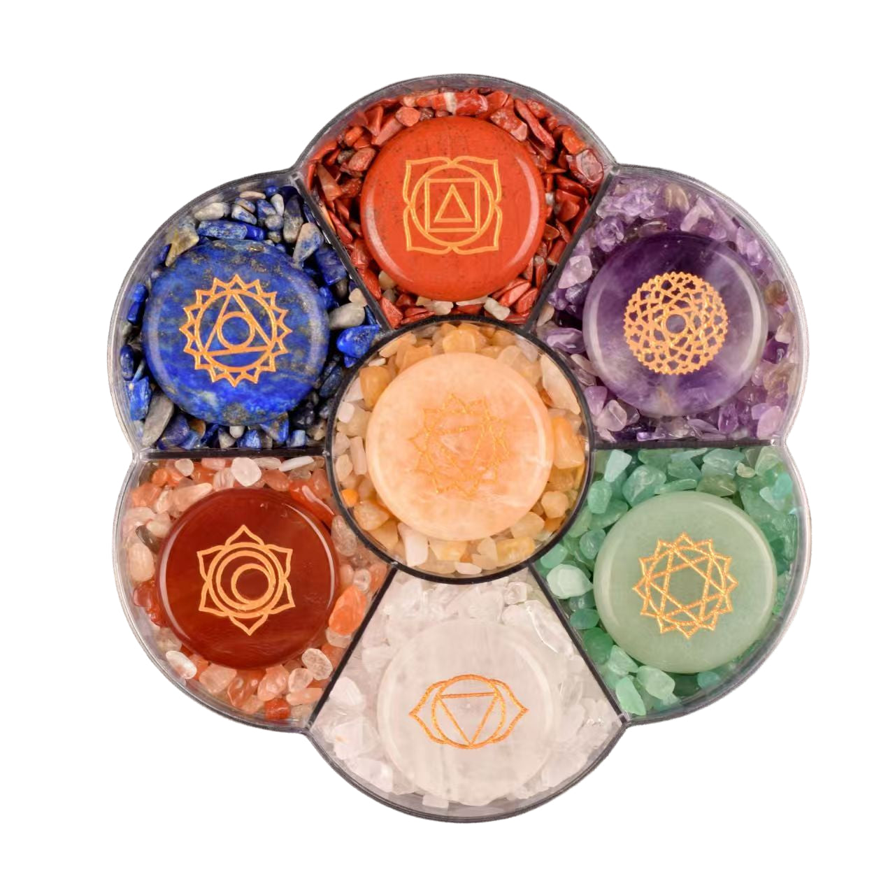 Set of chakra stones in a circular arrangement on a white background