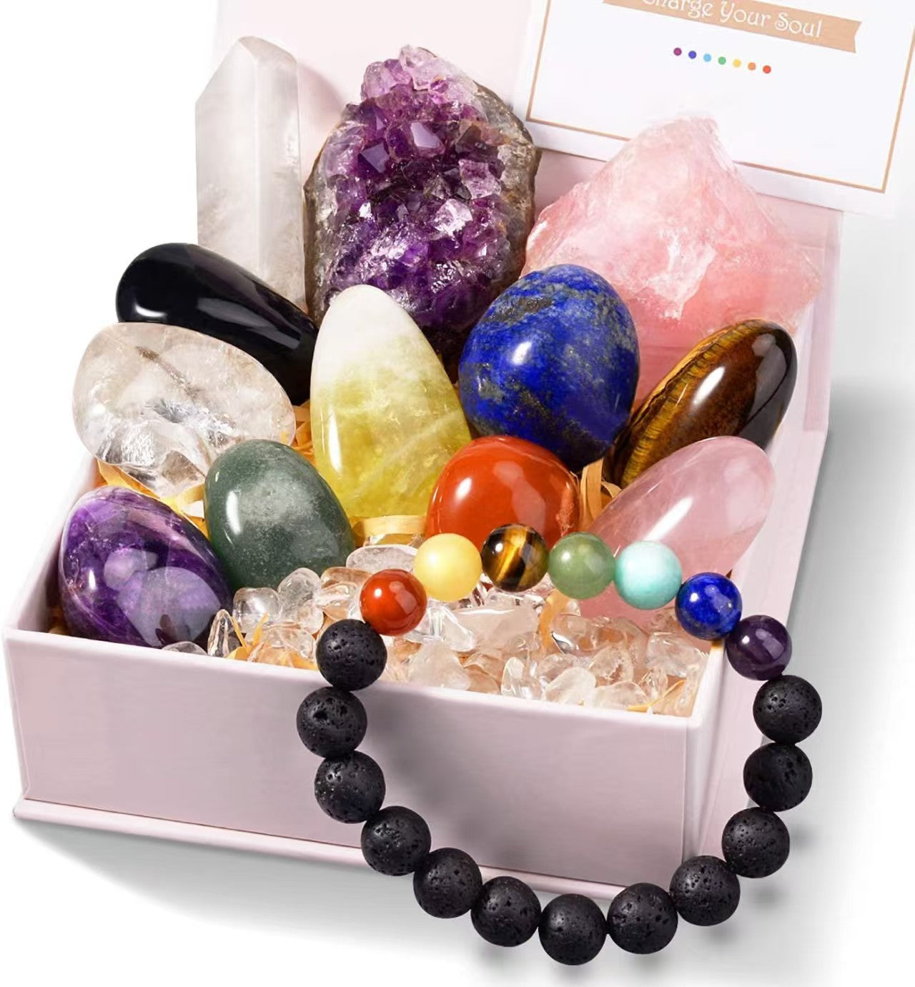 13-Piece Chakra Crystal Gift Set – Raw Stones, Polished Gems & 7-Chakra Bracelet