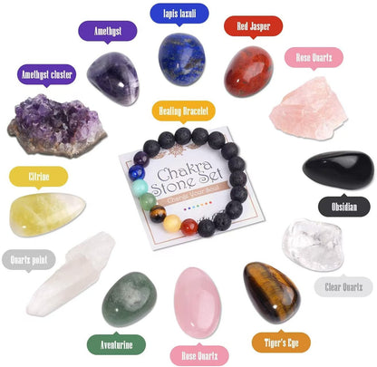 13-Piece Chakra Crystal Gift Set – Raw Stones, Polished Gems & 7-Chakra Bracelet
