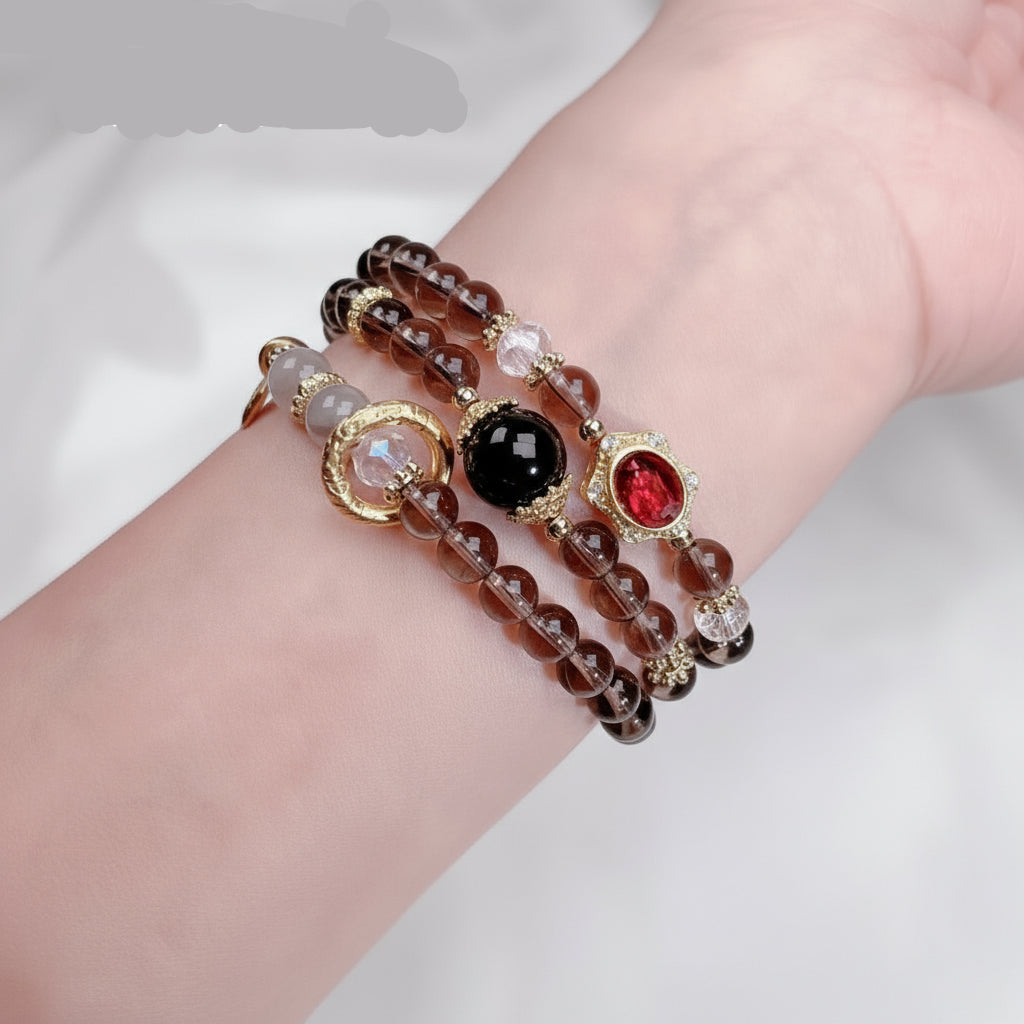 Multistrand beaded bracelet with gemstones on a wrist, 