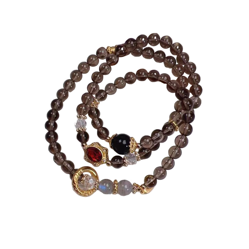 Premium Smoky Quartz Triple-Wrap Bracelet & Necklace | Moonstone & Obsidian Protection Charm