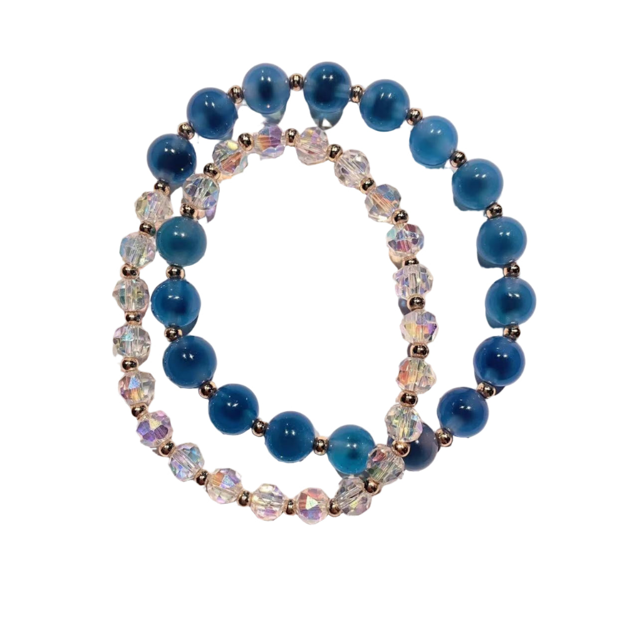 Blue beaded bracelet on a white background