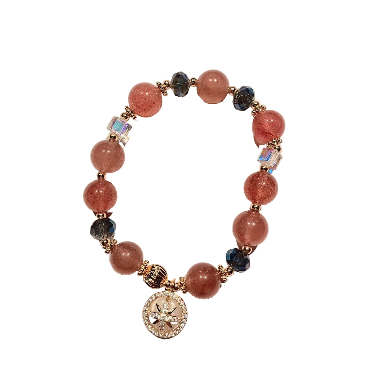 Bracelet with pink and blue beads on a white background