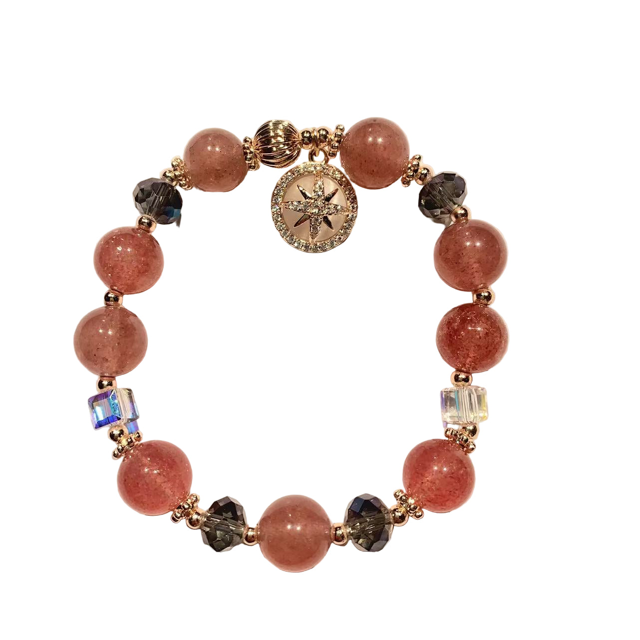 Bracelet with pink beads and gold accents on a white background