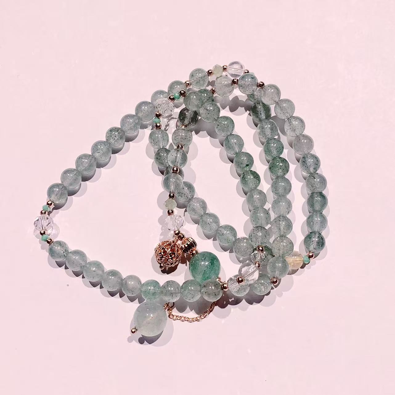 Green Strawberry Quartz Triple-Wrap Bracelet & Necklace – Heart Healing & Calm Glow