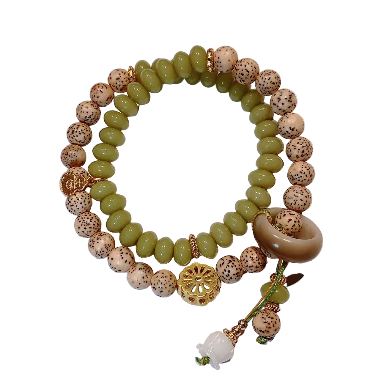 Beaded bracelet with green and brown beads on a white background