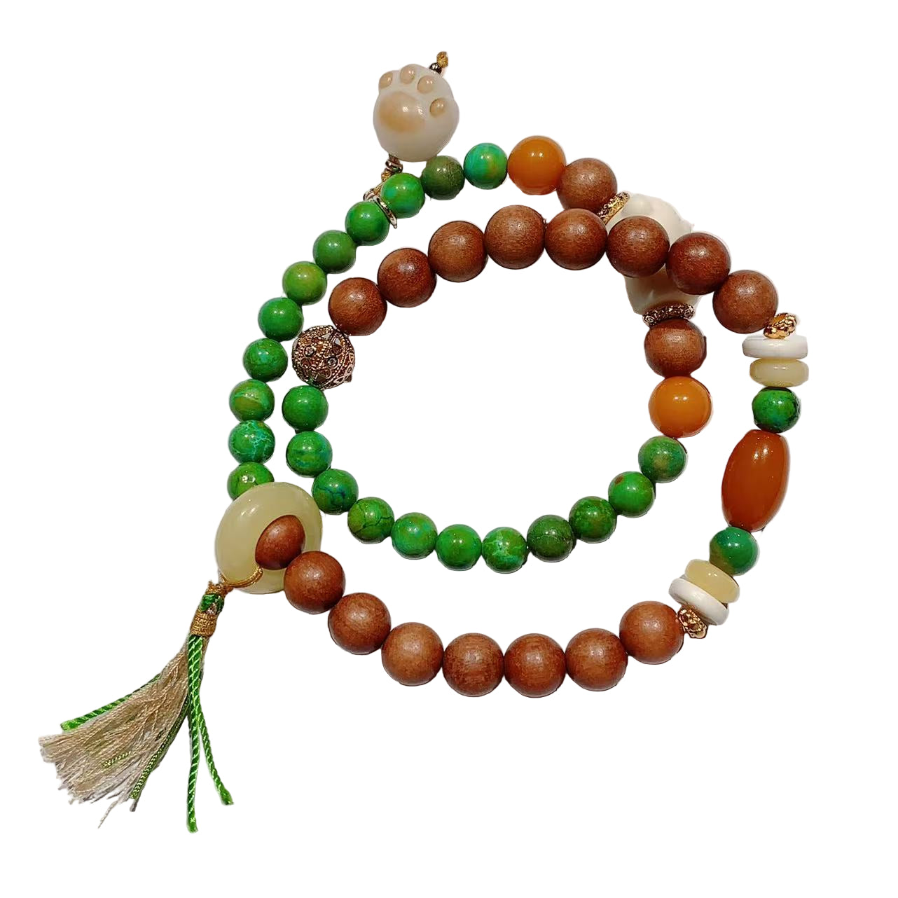Beaded bracelet with green, brown, and gold beads on a white background