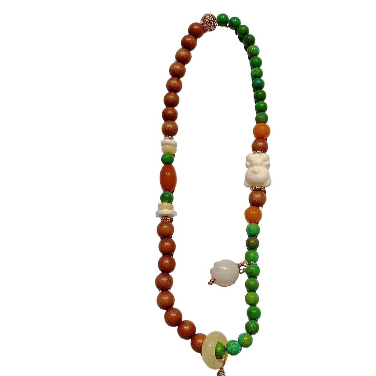 Beaded necklace with brown, green, and white beads on a white background