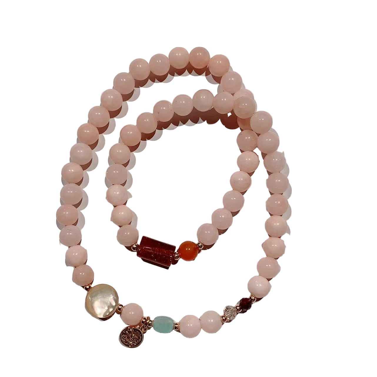Necklace with pink beads and a brown bar on a white background
