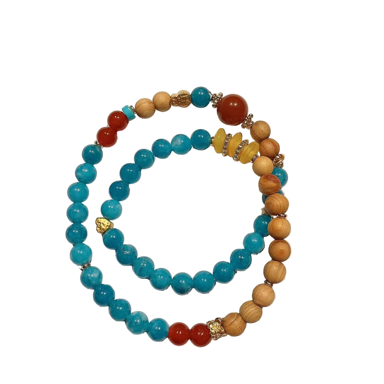 Two beaded bracelets with turquoise, red, and brown beads on a light white background
