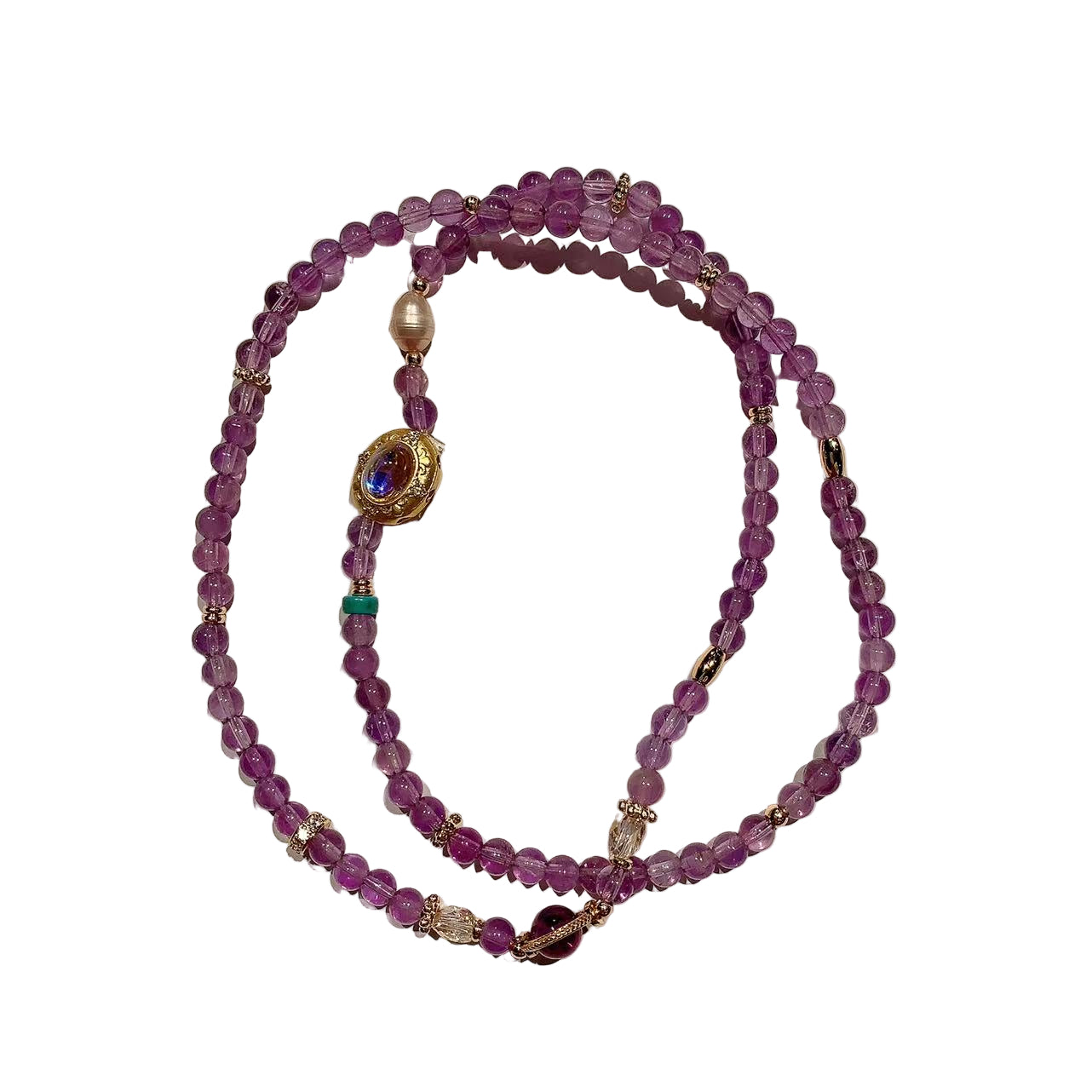 Purple beaded necklace with gold accents on a white  background