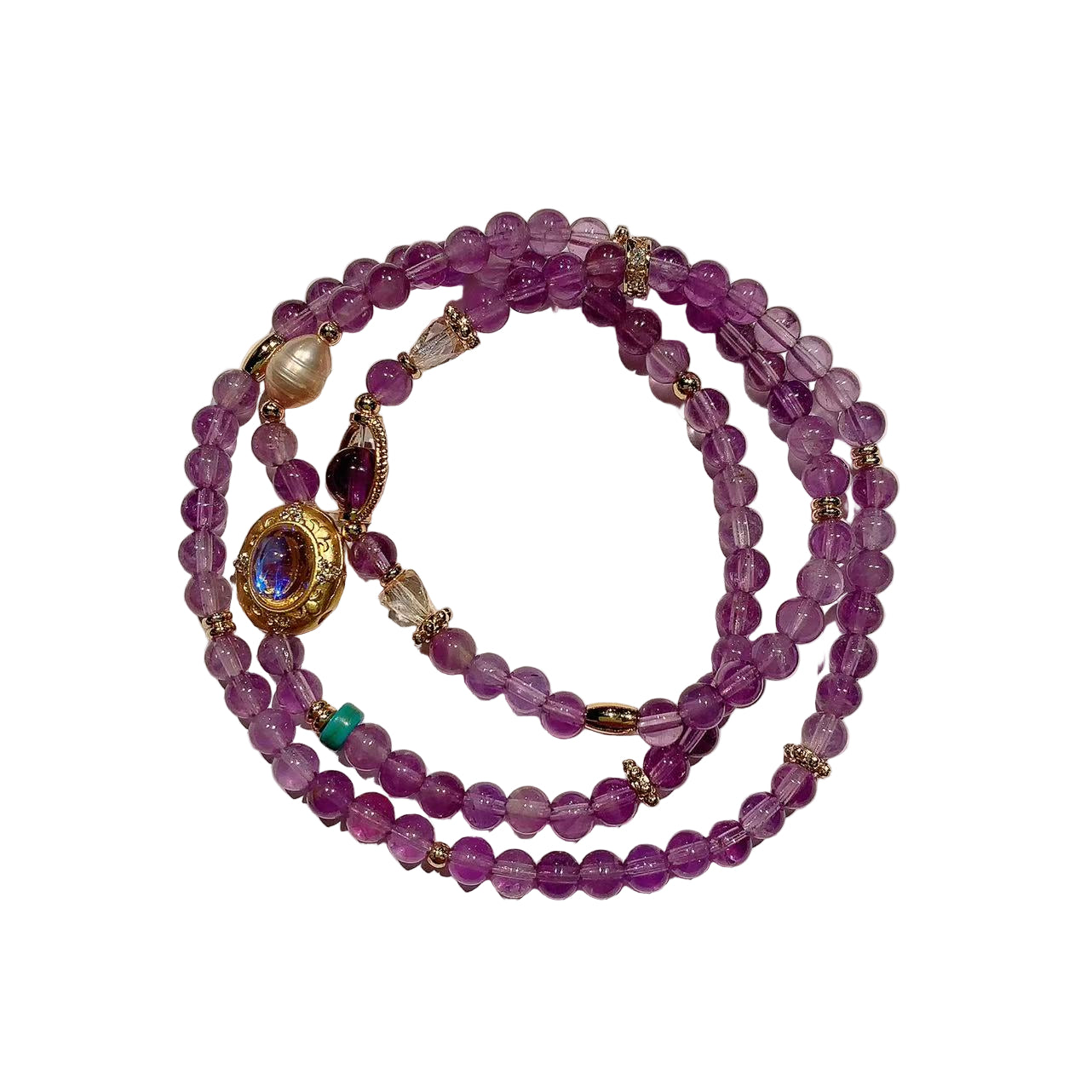 Purple beaded bracelet with gold accents on a white background