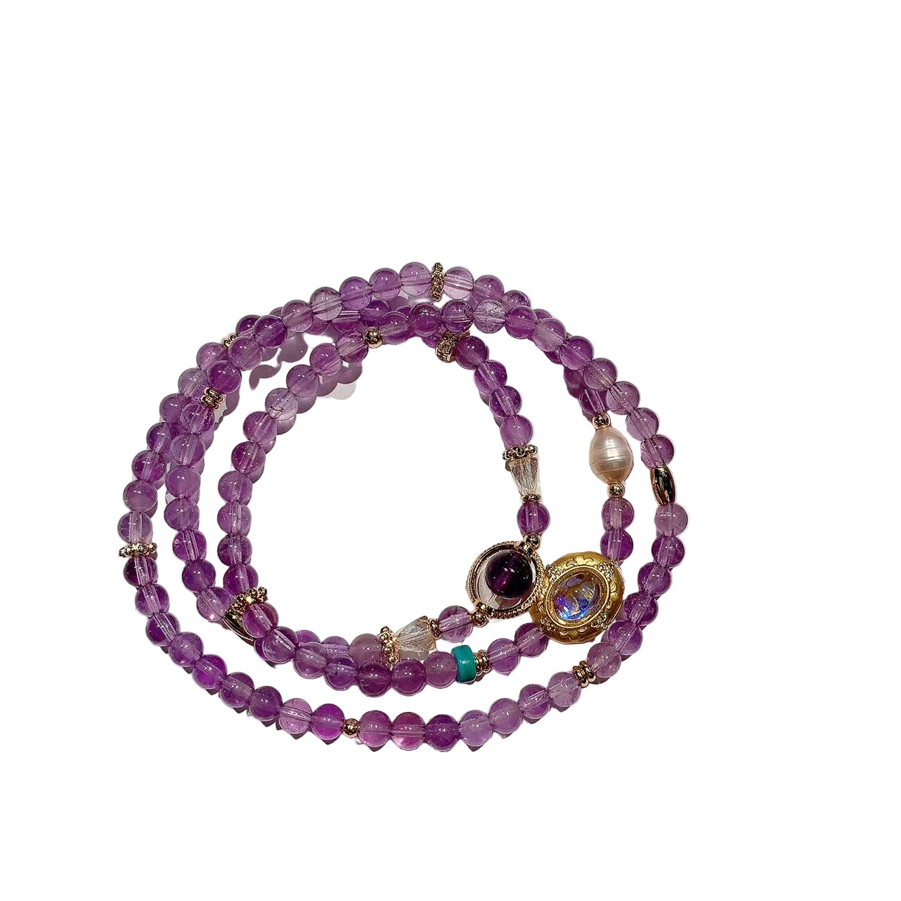 Purple beaded bracelet with gold accents on a white background