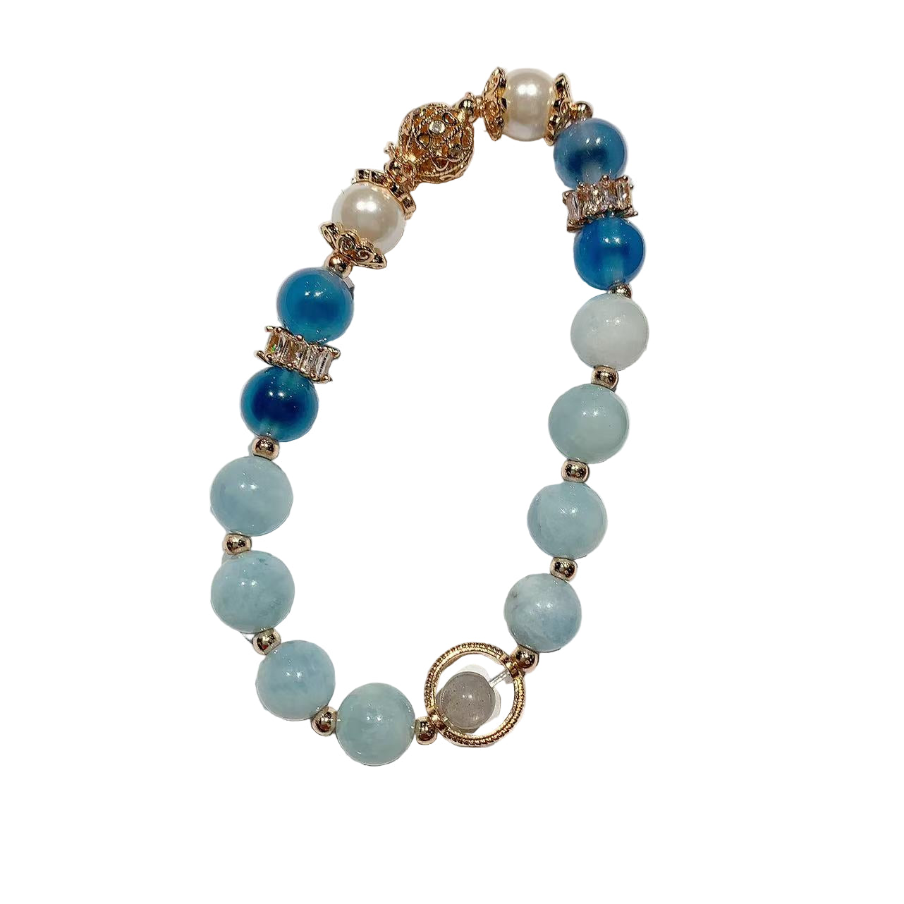 Beaded bracelet with blue and white beads on a white background