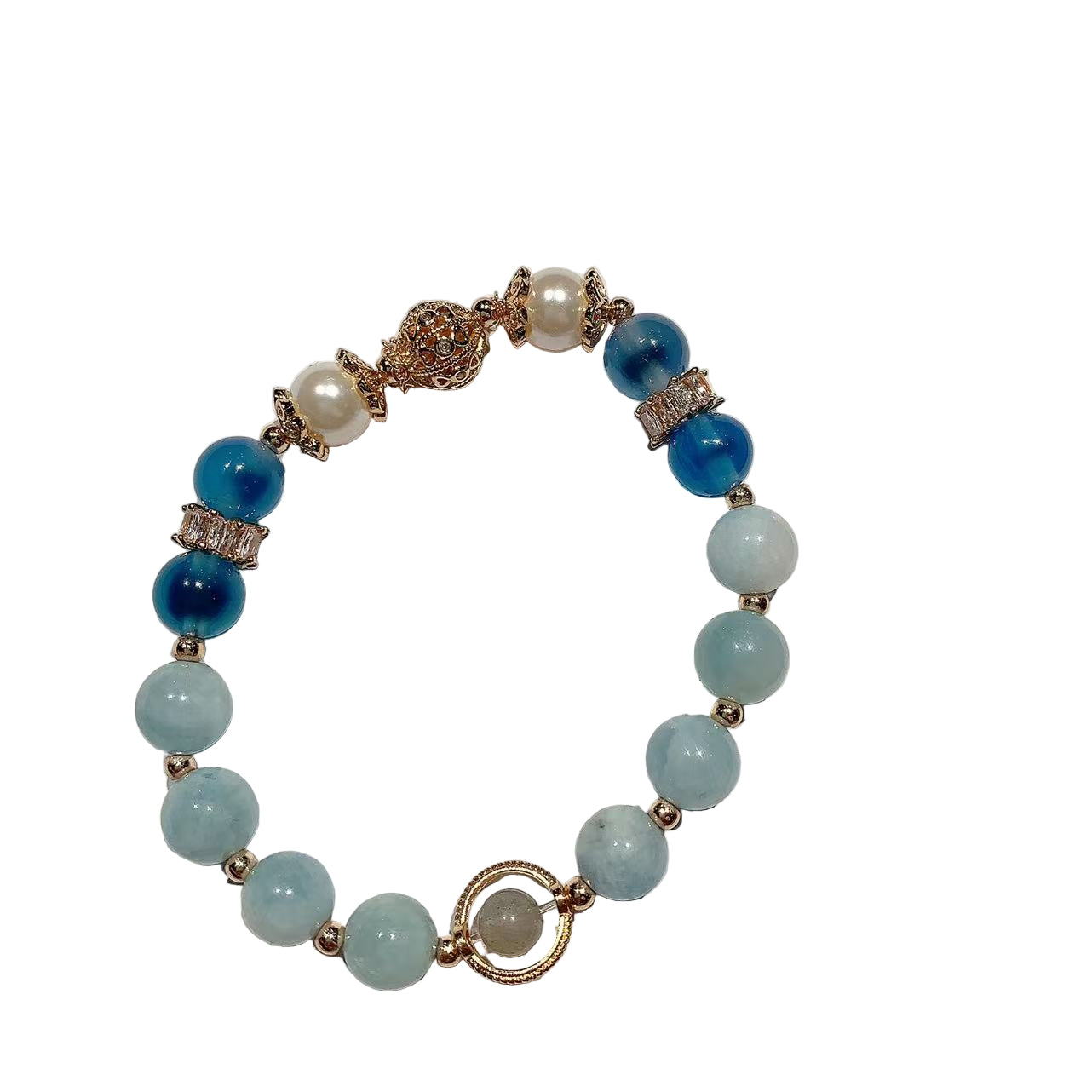 Beaded bracelet with blue and green beads on a white background