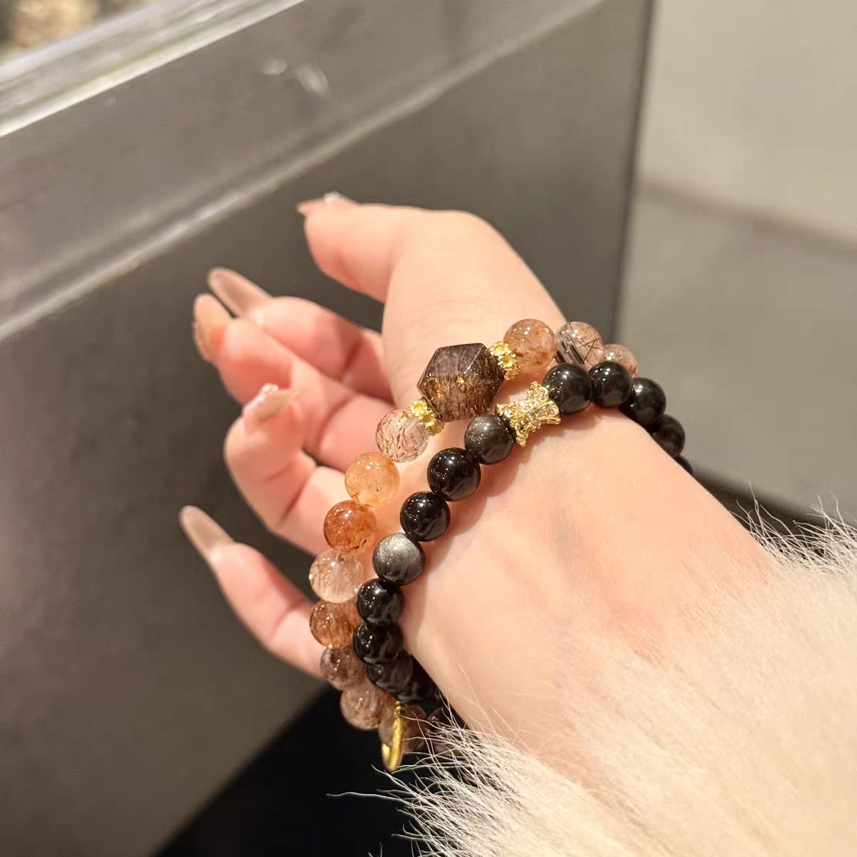 Black Gold Super Seven Wealth Bracelet – Golden Rutilated Quartz & Obsidian Protection