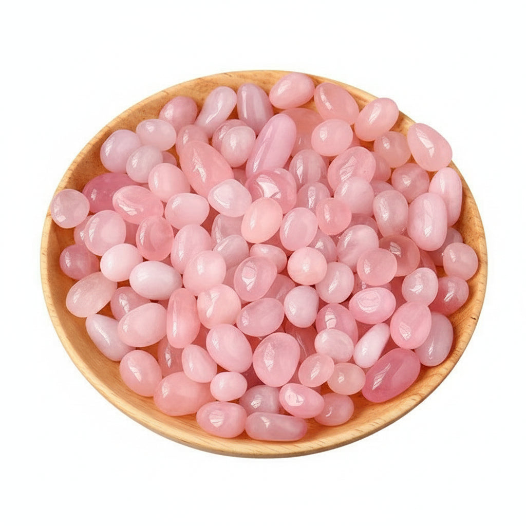 Pink crystal stones in a wooden bowl on a white background