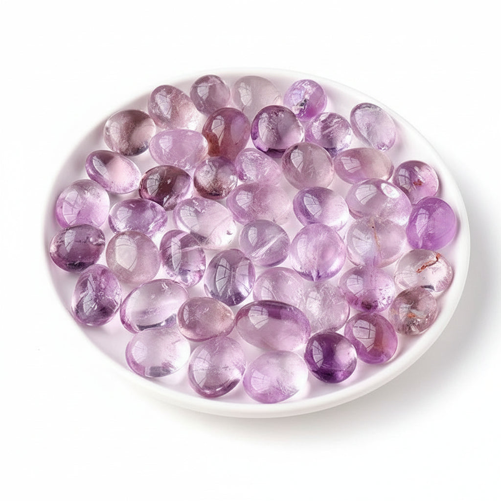 Purple crystals on a white plate with text indicating size range on a white background